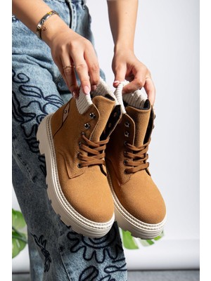 Baybonza Camel Süet Bağcıklı Yüksek Taban Kadın Bot