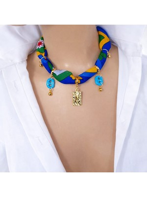 Otantik Pamuk Kumaşlı Süryani Nazar Taşlı Tasarım Kolye