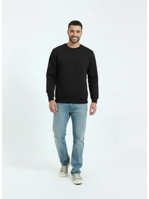 Erkek Siyah 3 Iplik Sıfır Yaka Swetshirt Yumuşacık Içi Polarlı Penye 3 Kumaş