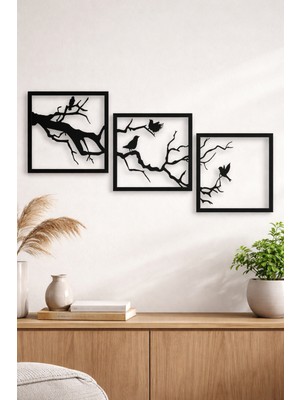 🕊️ Sscnc 3’lü Kuşlu Dal Desenli Mdf Duvar Dekoru – Siyah