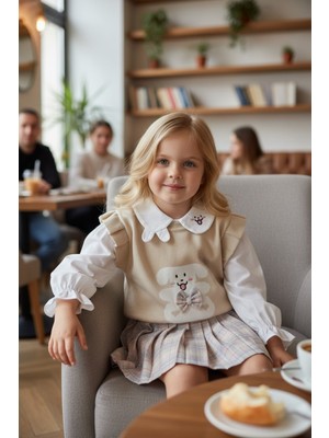 Ekose Etek Tavşanlı Gömlek Kız Çocukları Için Süveterli Takım