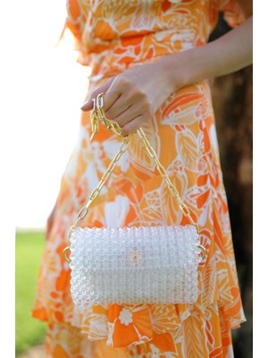 No8 Home El Yapımı Zincirli Incili Çanta Beyaz