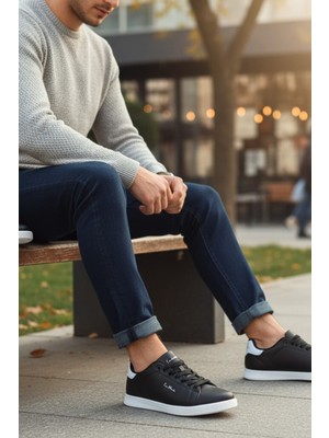 Enoch Erkek Spor ve Günlük Ayakkabı Tam Ortopedik Tabanlı Siyah Beyaz Detaylı Klasik Sneaker