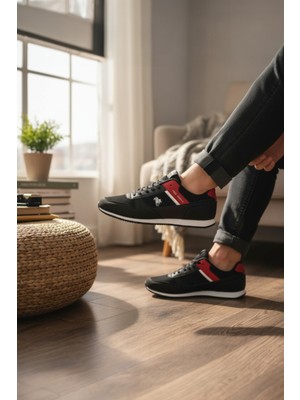 Enoch Erkek Spor ve Günlük Ayakkabı Tam Ortopedik Tabanlı Siyah Kırmızı Şeritli Klasik Model
