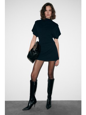 Grimelange Maxıne Kadın Omuz ve Bel Kısımlarında Pile Detaylı Dik Yaka Fermuarlı Kısa Kollu Mini Lacivert Elbise