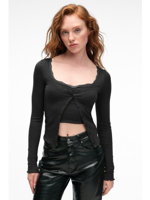 Grimelange Elvura Kadın Esnek Kumaşlı Yakası Dantel Detaylı Düğmeli Bluz ve Atlet Ikili Takım Siyah Bluz