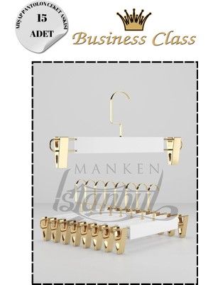 Manken İstanbul Business Class  15 Adet Gold Kanca Lamine Ahşap Mandallı Pantolon Askısı Etek Askısı