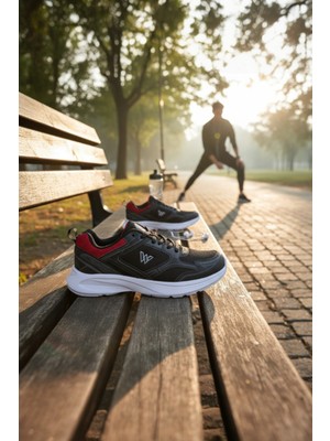 Enoch Erkek Spor ve Yürüyüş Ayakkabısı Tam Ortopedik Tabanlı Siyah Kırmızı Detaylı Performans Modeli