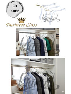 Manken İstanbul Business Class 20 Adet 44 cm Pleksi Şeffaf Gold Kanca Erkek Takım Elbise Askısı Palto Ceket Askısı