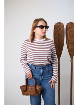 Keymood Çizgili Kahve Uzun Kol Kadın Tshirt
