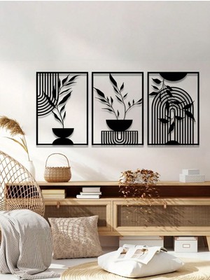 Sscnc Modern Çizgili Bitki Desenli Mdf Duvar Tablosu – 3’lü Set