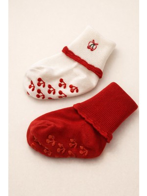 Kız Bebek Kiraz Nakışlı 2'li Step Çorap