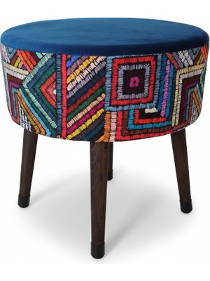 Premium Puf Koltuk Tabure - Etna Gökkuşağı Mavi - Ahşap Gürgen Ayaklı