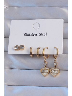 Clariss 316L Çelik Gold Renk Zirkon Taşlı Kalp Model Halka Küpe Seti