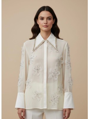 Rabiossa Kadın 3D Çiçek Detaylı Lüks Şifon Bluz Gömlek