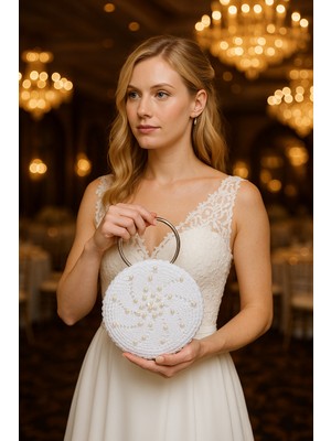 By Lily *gelinler Için Beyaz Çanta, Inci Işlemeli Vintage Dantel Tasarım, Çok Şık