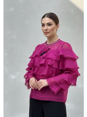 Rabiossa Kadın Ekru Detaylı Fırfırlı Bluz Gömlek