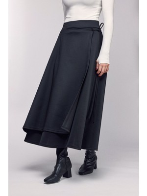 Saade Siyah Yüksek Bel Bağlamalı Katmanlı Görünüm Scuba Etek Xl