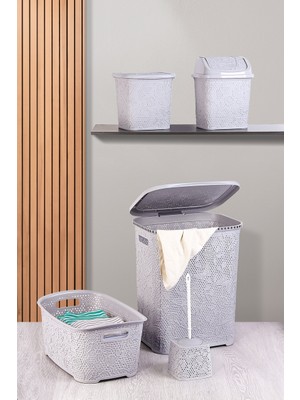 Dantel Desen 5 Parça Banyo Seti Kirli Sepeti Çamaşır Selesi Deterjanlık Wc Fırça Çeyiz Seti Gri