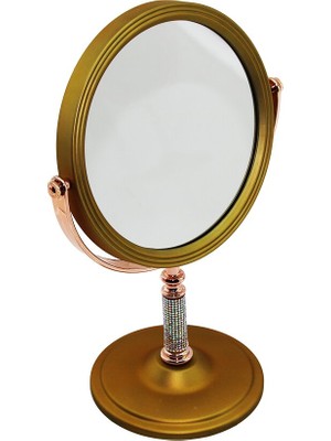 Go İthalat Taş Saplı Yuvarlak 7 Inç= Çap:17.5cm Makyaj Aynası Çift Taraflı Bronz - Gümüş Pls.çerçeve Sabit Ayak (5224)