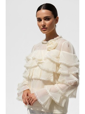 Rabiossa Kadın Ekru Detaylı Fırfırlı Bluz Gömlek