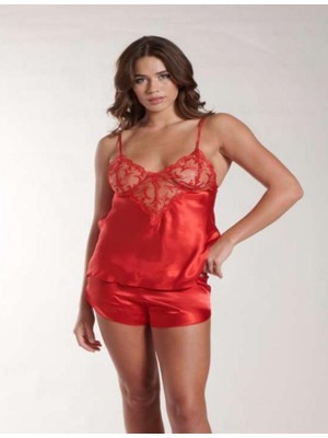 MyDora Lingerie Kırmızı Göğüs Kısmı Dantel Nakışlı Saten Şortlu Pijama Takımı