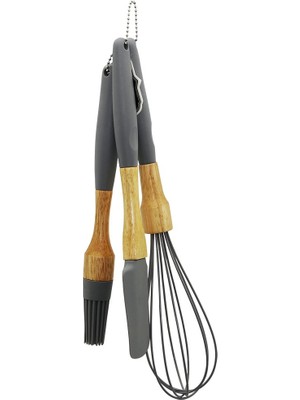 Go İthalat 3 Pcs Silikon Çırpıcı - Fırça - Spatula Seti Ahşap Bambu Sap - Silikon Kılıflı (5224)