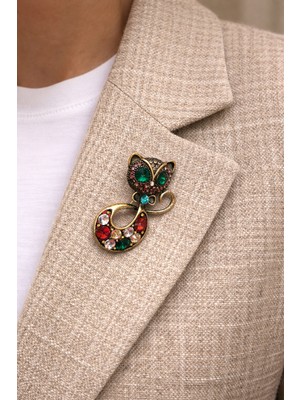 Craftique Zümrüt Gözlü Saray Kedisi Broş – Vintage Tarz, Şık, Premium Tasarım, Takı Aksesuarı