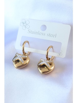 Clariss 316L Çelik Gold Renk Zirkon Taş Detay Kalp Model Kadın Küpe