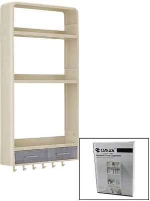Go İthalat Bej Yapışkanlı Duvar Organizeri Plastik 3 RAF=14CM-19CM-30CM - 2 ÇEKMECE=40CM - 6 Askı 19 Pcarça (5224)