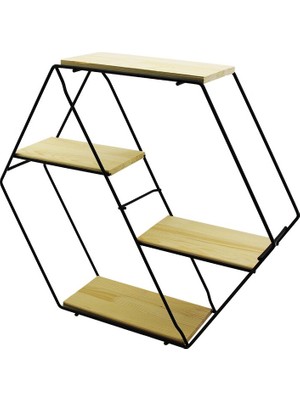 Go İthalat Petek - 4 Katlı Metal Iskeletli - Ahşap Raflı  Dekoratif Raf  60 x 14 x 53 cm (5224)