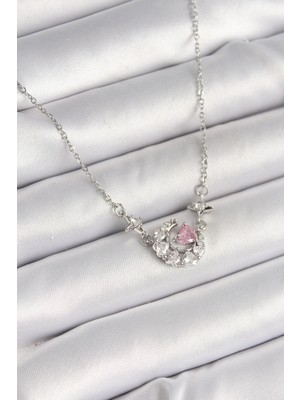 Clariss 316L Çelik Gümüş Renk Zirkon Taşlı Hilal Pembe Kalp Model Kadın Kolye