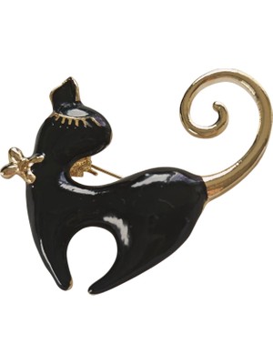 Mith Sb Takı Siyah Mineli Üç Boyutlu Kedili Broş-Yaka Iğnesi-Çanta Aksesuar