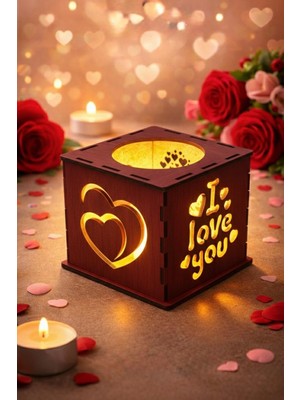 Runc Design Kişiye Özel Mesajlı Kırmızı Ahşap Mumluk - Sevgililer Günü Hediyesi