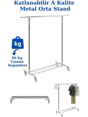 Manken İstanbul  Katlanabilir Tekerlekli Metal Orta Stand Elbise Askısı Mağaza Askısı