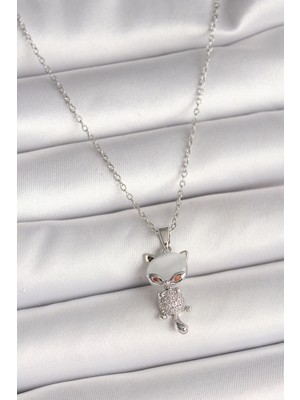 Clariss 316L Çelik Gümüş Renk Zincir Zirkon Taşlı Kedi Model Kadın Kolye