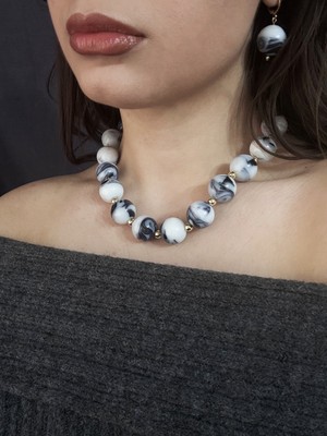 Gistoria Alacalı Cam Doku Boncuk Kolye Küpe Seti