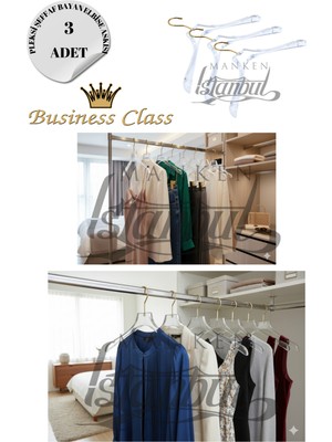 Manken İstanbul Business Class 3 Adet 40 cm Pleksi Şeffaf Gold Kanca Elbise Askısı Palto Ceket Askısı