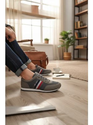 Enoch Erkek Spor ve Günlük Ayakkabı Tam Ortopedik Tabanlı Gri Fransız Şerit Detaylı Şık Sneaker