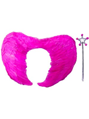 Go İthalat Gerçek Tüylü Katlanabilir Çocuk Pembe Melek Kanadı ve Asa Seti 40X55 cm (5224)