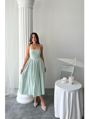Queene Dreams Mint Boyundan Bağlamalı Keten Elbise