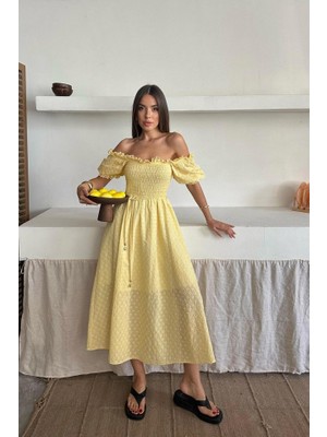 Queene Dreams Sarı Gipeli Brode Elbise