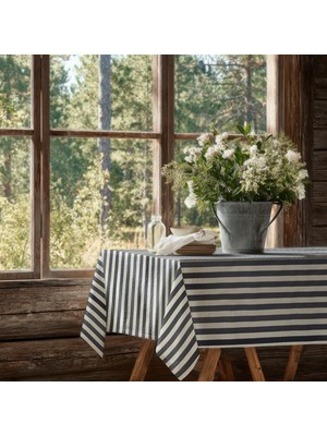 Meine Home Antrasit Çizgili Keten Masa Örtüsü Dertsiz Kumaş