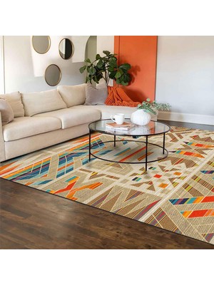 Braventa Collection Latte Dizayn Crocus Desenli Pamuk Tabanlı Yıkanabilen Kaydırmaz Antibakteriyel Salon Halısı 140X200