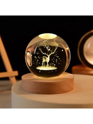 Braventa Collection Senon Kristal Cam Küre LED Işıklı USB Kablolu Ahşap Stantlı Gece Lambası Dekoratif Hediyelik (Geyik)