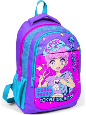 Braventa Collection Coral High Mor Pembe Mavi K-Pop Ilkokul ve Ortaokul Sırt Çantası Üç Bölmeli Kız Çocuk