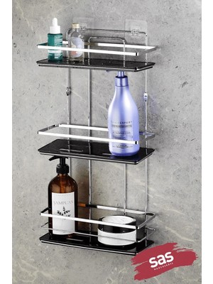 Braventa Collection Sas Haus Yapışkanlı Ömür Boyu Paslanmaz Ayarlanabilir Raf Banyo Düzenleyici Şampuanlık Krom Siyah Lş