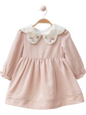 Danuna Kids Yakası Çiçek Nakışlı  Pamuk Astarlı Tül Detaylı  Uzun Kollu Vintage Elbise -Pudra Pembe