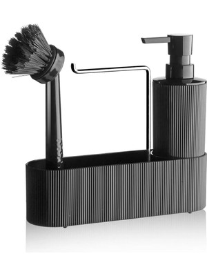 Braventa Collection Mithra Life 3 Lü Krom Kapaklı Siyah Deterjanlık Fırçalı Mutfak Banyo Temizlik Seti Düzenleyici MIT11