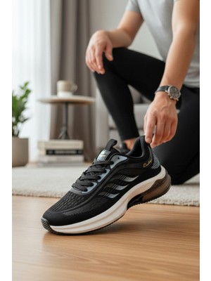 Enoch Erkek Spor ve Yürüyüş Ayakkabısı Tam Ortopedik Tabanlı Siyah Gold Detaylı Performans Modeli